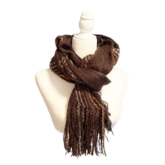 Brown and Tan Chevron Knit Fringe Scarf Long 80”x21” Acrylic - Picture 1 of 6
